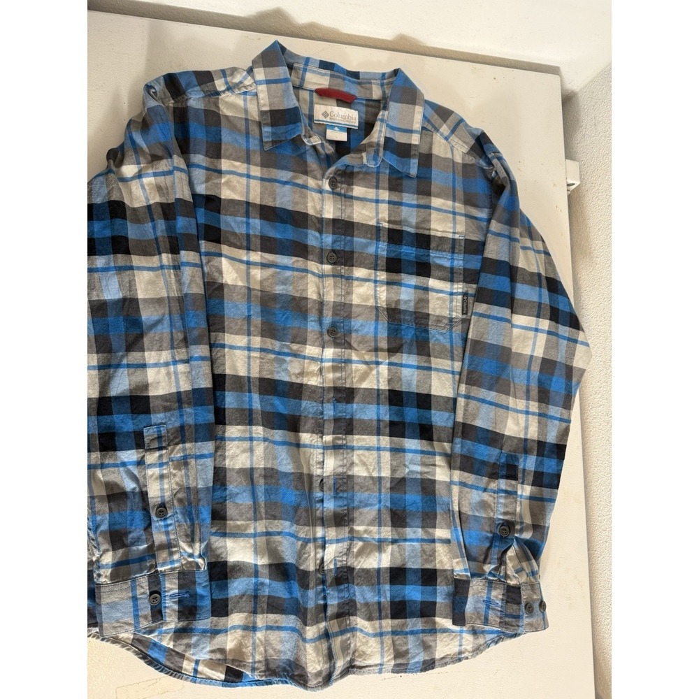 Columbia Men Button Up Shirt Large Blue Plaid Long‎ Sleeve Collar Flannel EUC